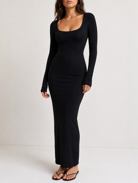 SKIMS Dresses & Skirts - SKIMS Soft Lounge Ribbed Maxi Dress Black XS Scoop Neck Long Sleeve